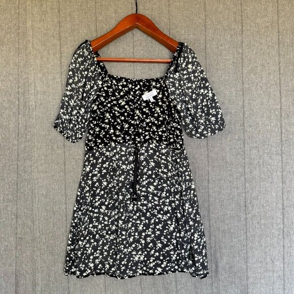 & Other Stories Black Ditzy Daisy Floral Square Neck Puff Sleeve Mini Dress - Picture 11 of 17